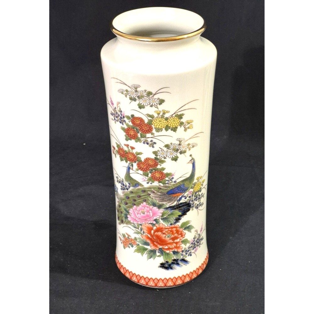 Vtg Shibata Japanese Porcelain Vase W/ Peacock and Gold Trim AKA Satsuma- Style